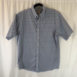 LL Bean Button Up Shirt Men's Medium Blue Plaid Short Sleeve Collared Pocket